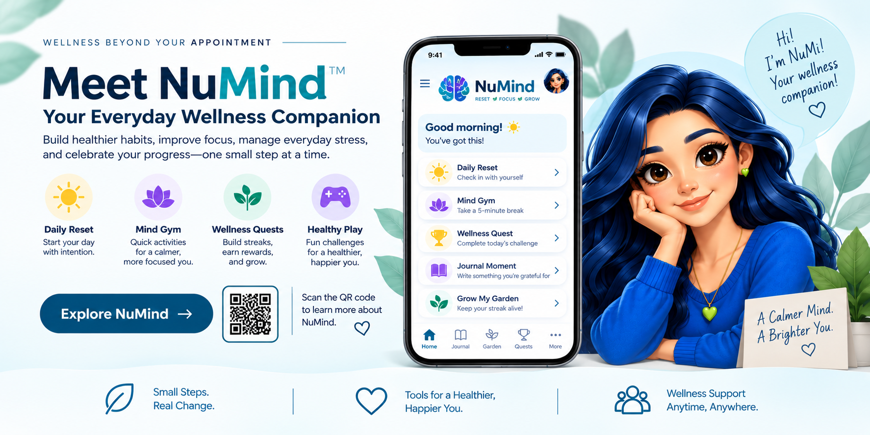 NuMind wellness app featuring NuMi, an AI wellness companion, with Daily Reset, Mind Gym, Wellness Quests, Healthy Play, journaling, and wellness progress tools designed to support healthier habits, focus, and everyday well-being.
